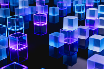 Obraz premium This 3D rendered artwork features glowing neon glass cubes arranged on a dark reflective surface, with alternating blue and purple glowing accents and frosted solid cube details.