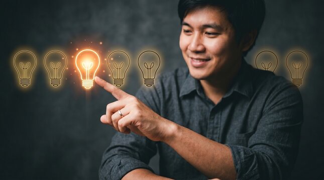 Businessman selecting a bright shining lightbulb concept AQ