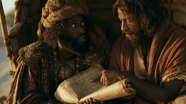 Acts 8. Apostle Philip teaching the Ethiopian Eunuch: Deep biblical study of Isaiah prophecy in an ancient chariot.