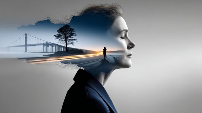 Woman's face merging with a landscape, showcasing inner thoughts and reflections of an journey