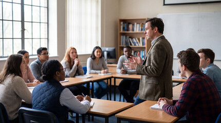 Fototapeta premium Teacher leading seminar discussion with diverse students seated around desks in classroom showing higher education mentorship group learning college leadership training academic mentorship