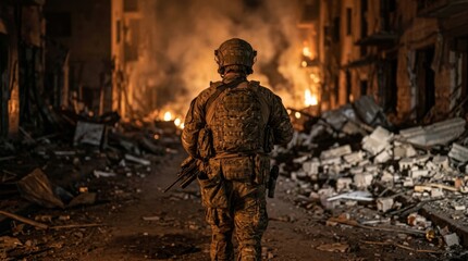 Obraz premium Soldier in tactical gear facing a burning city street at night, aftermath of war and destruction