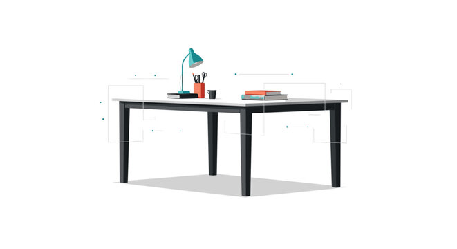 Minimalist illustration of a clean modern desk with black legs featuring a blue lamp, books, and office accessories on top of it.
