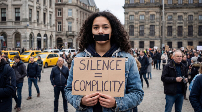 Young protester with taped mouth holding silence equals complicity sign in city square showing civil rights activism public dissent human rights free speech campaign civic protest activism
