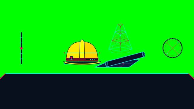 Construction engineering and architecture animated icons featuring yellow hard hat and blueprint over green screen background.
