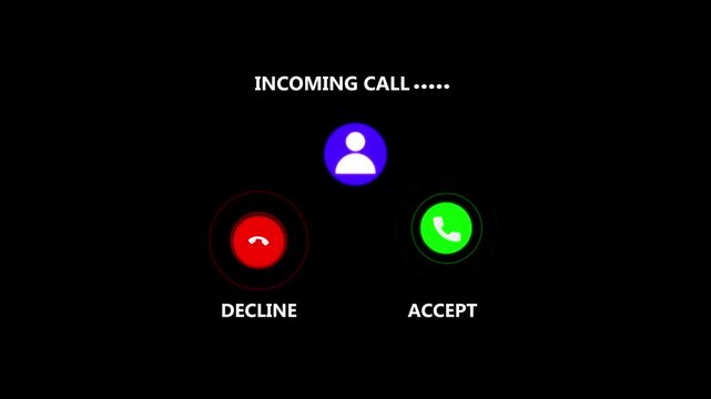 Incoming call ring icon background black screen animation of phone call icon, incoming call ring icon black background animation with accept and decline option for mobile interface 
