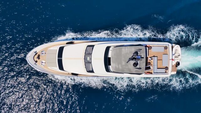 Aerial drone top down cinematic video of small luxury yacht with wooden deck cruising in small speed near port of Mykonos island, Cyclades, Greece