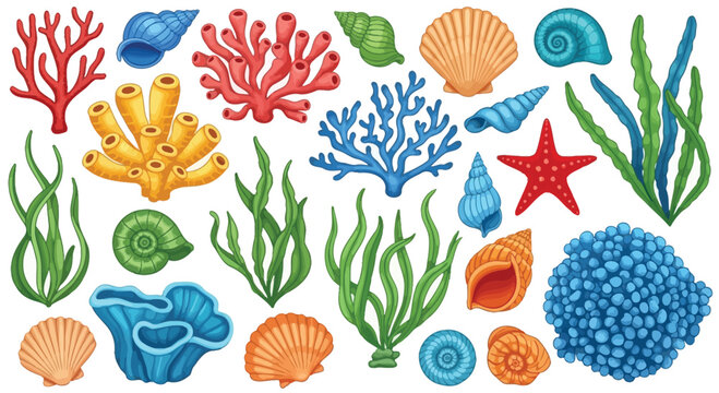 Collection of colorful marine life and seashells, including corals, seaweed, starfish, and various shells