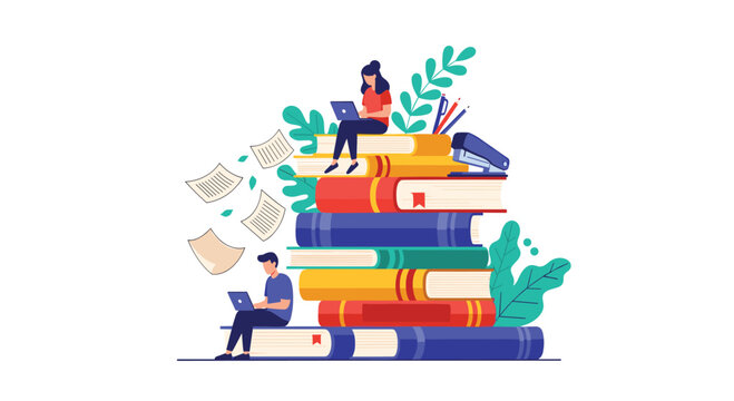 Students sitting on a giant stack of books while using laptops and surrounded by flying papers and school supplies.
