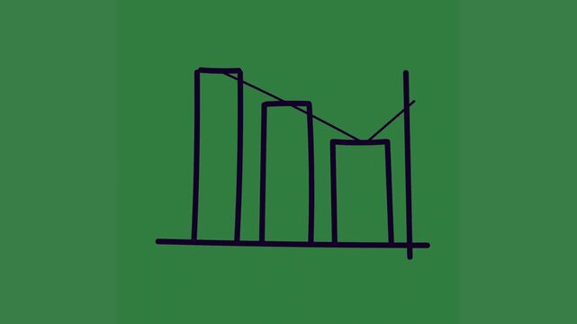 A green screen with line drawing of building and graph on it bar chart animated chromakey background gesture composition layers depth cartoonish creative design motion colorful figure