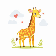 Fototapeta premium Cute Cartoon Giraffe with Hearts and Clouds