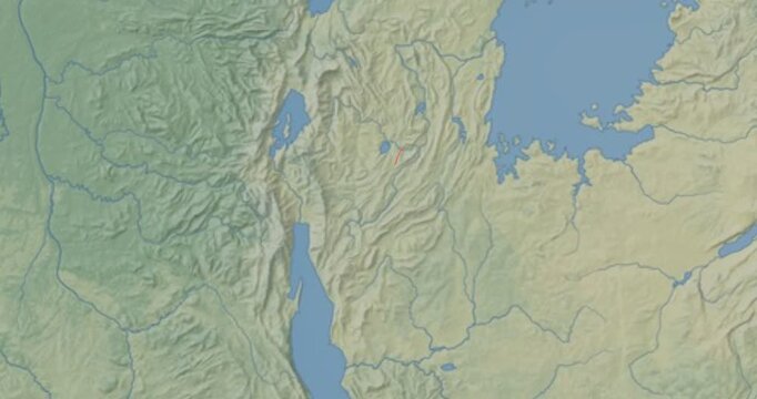 Burundi on Globe. Zoom into the country with Earth spinning on dark background. Physical world map with Burundi and label on it. Country view animation.