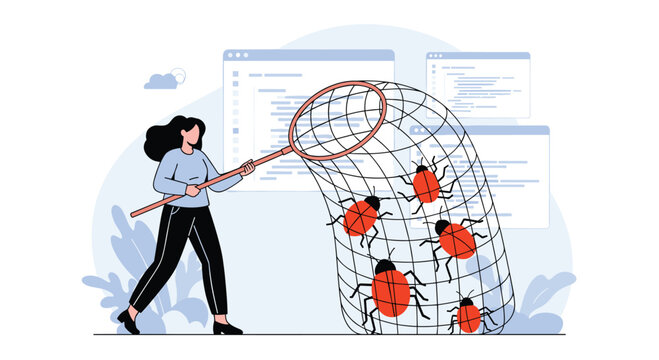 Female software engineer using a large net to catch bugs in front of computer windows showing lines of program code.