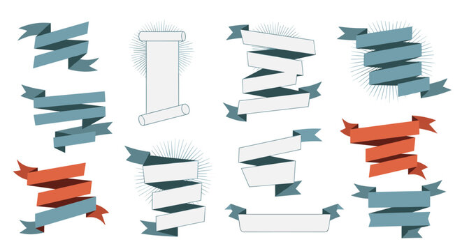 Diverse collection of vintage-style ribbon banners and scrolls in blue, red, and white colors, useful for headings, labels, and decorative accents.