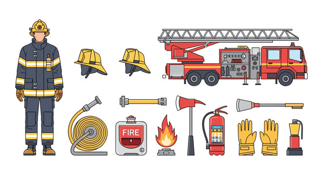 Complete set of firefighting equipment icons including a fireman, truck, helmets, fire extinguisher, and tools.