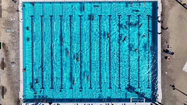 Aerial drone top down video of large swimming pool used for athletic competition during work out 