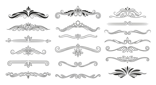 Collection of ornamental calligraphic dividers and flourishes in black ink, suitable for decorative headers, formal documents, and elegant design.