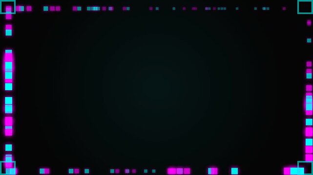 Futuristic neon pixel frame with glowing pink and blue digital squares on dark background, cyber glitch border overlay