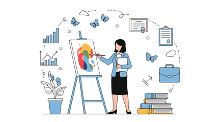 Fototapeta premium Businesswoman painting a colorful abstract piece at an easel surrounded by business and professional icons.