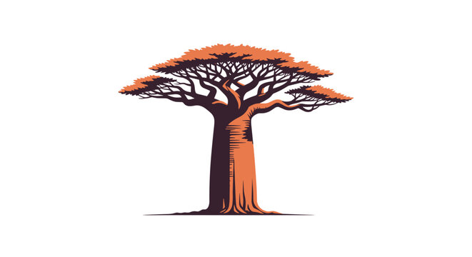 Stylized baobab tree illustration with a thick trunk and wide branches against a white background in vector format.