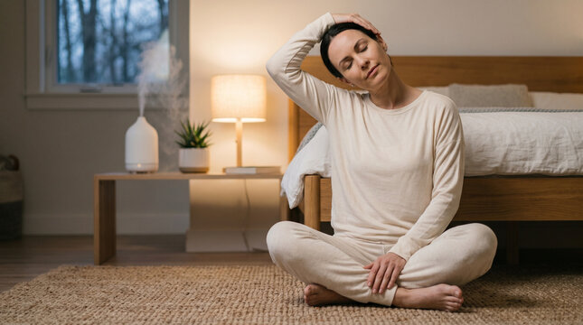Woman doing neck stretch exercise sitting on bedroom floor in comfortable loungewear