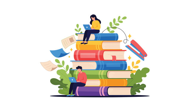 Students sitting on a stack of giant books while working on laptops with school supplies and leaves around them.