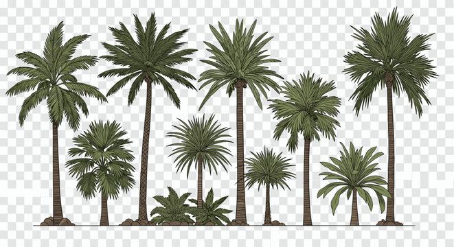 Detailed set of various palm tree species including tall and short varieties with green fronds on a transparent base.