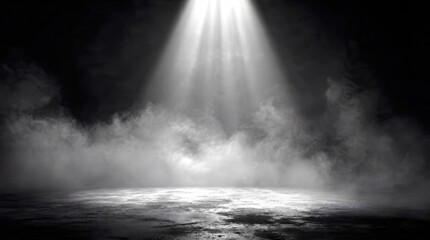 Bright white spotlight shining down onto an empty textured concrete floor surrounded by dense smoke and fog in a dark room