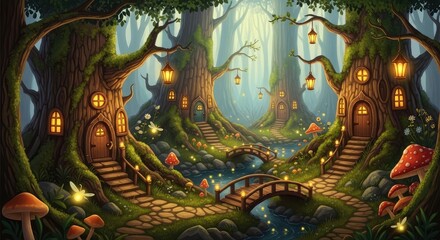 Fototapeta premium Whimsical fantasy forest with glowing houses.