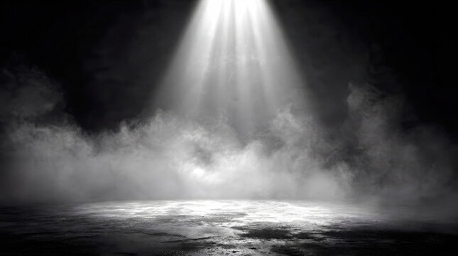 Bright white spotlight shining down onto an empty textured concrete floor surrounded by dense smoke and fog in a dark room