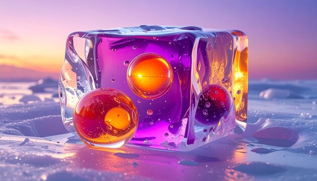 Frozen Soap Bubbles in Ice Block on Snowy Surface at Sunset