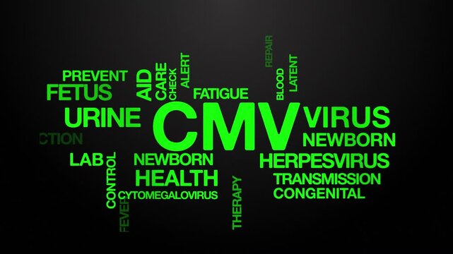 Cytomegalovirus CMV  concept Animated Tag Word Cloud kinetic typography, Text Design Animation typography seamless loop video motion graphics Intro Wordart arrangement green type on black background b