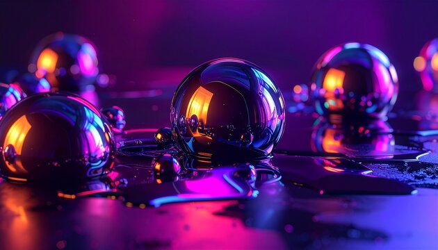 Soap Bubbles on Liquid Metal Background with Purple and Pink Reflections