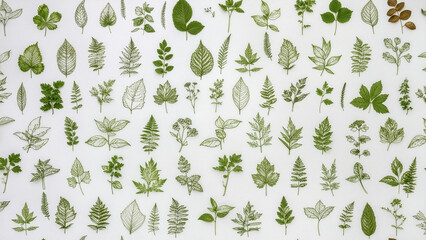 Fototapeta premium Collection of various green plant leaves and ferns arranged in a grid pattern on a white background