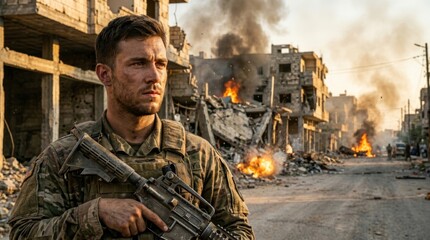 Obraz premium Soldier, armed and in camouflage, kneels in war-torn city with buildings burning in a dynamic background