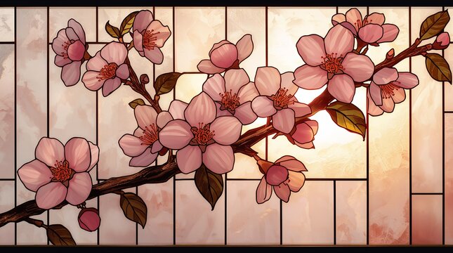 Pink plum blossom branch with stained glass window grid pattern on warm backlight spring morning concept