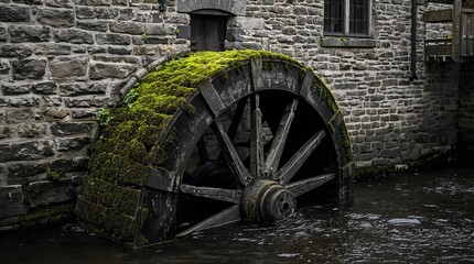 Fototapeta premium Moss covered vintage wooden waterwheel at historic stone mill building heritage architecture concept
