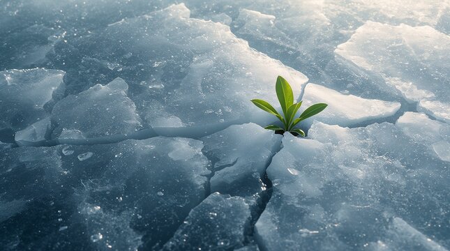 Green plant sprout breaking through cracked ice surface resilience concept