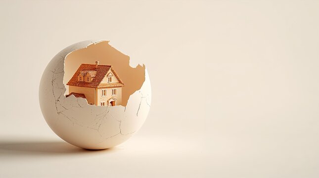 Miniature house emerging from cracked eggshell on neutral background property investment concept