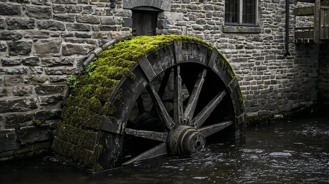 Moss covered vintage wooden waterwheel at historic stone mill building heritage architecture concept