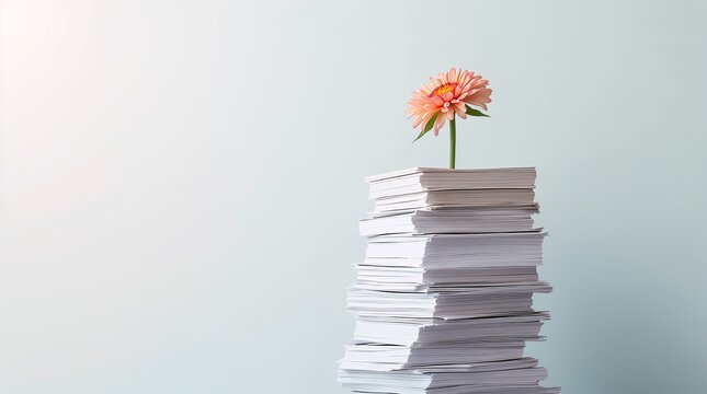 Pink gerbera flower growing from stack of paper documents symbolizing growth and hope concept on minimal gradient background