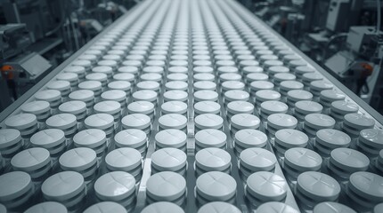 Obraz premium Rows of white medicine pill containers on automated pharmaceutical production line in modern factory