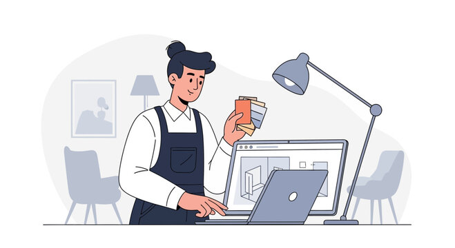 Interior Designer Working on a Project with Color Swatches and Laptop, Modern Flat Illustration Style
