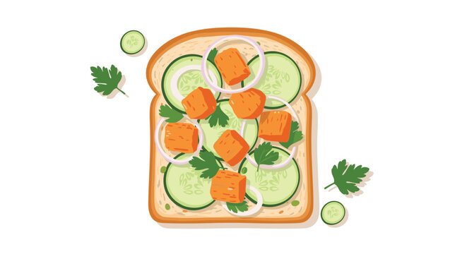 Tasty open-faced sandwich is topped with fresh cucumber slices, rings of onion, and pieces of cooked salmon on a slice of white bread.