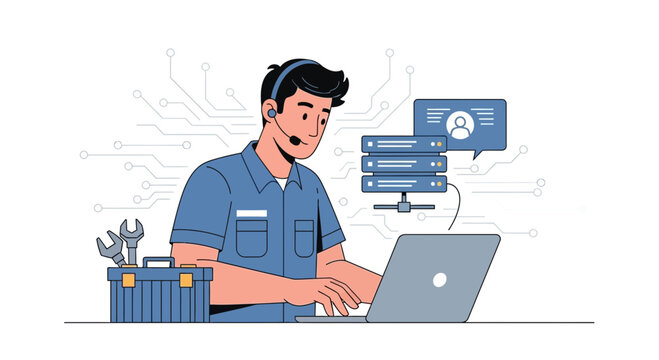 IT Support Technician Working on Laptop with Servers and Tools, Network Connections Background