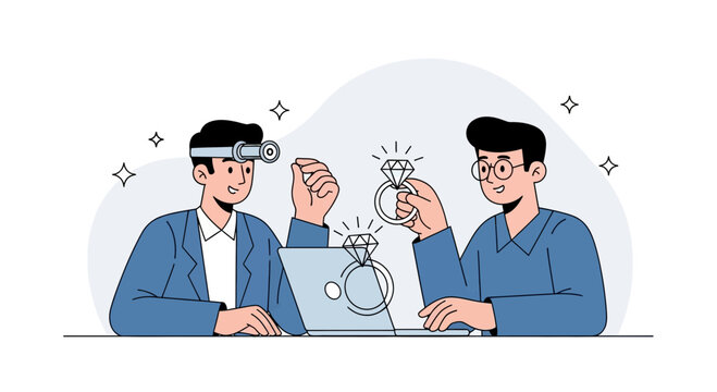 Jeweler Examining Diamond Ring with Magnifier on Laptop, Illustration of Gemstone Appraisal and Online Sales