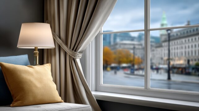 Cozy interior view from a window with a cityscape outside