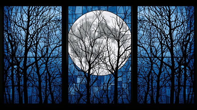 Bare winter trees silhouette against full moon through blue stained glass window panels mystical night concept