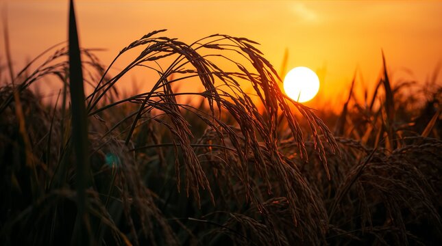 Golden rice ears silhouette at sunset in agricultural field harvest concept