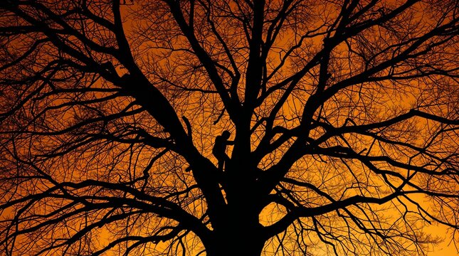 Child climbing bare tree silhouette against vibrant orange sunset sky outdoor adventure concept